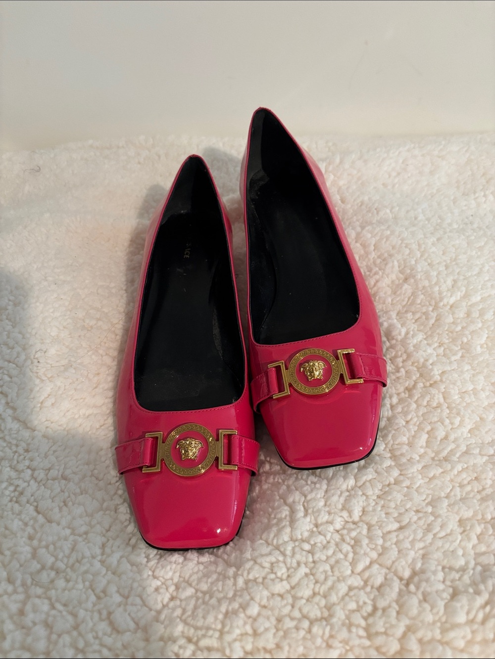 Versace Hot Pink Patent Leather Square-Toe Flats with Gold Medallion